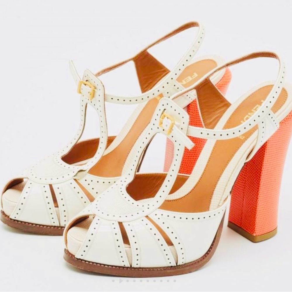Fendi Chameleon White/Orange Lizard Embossed/Patent Cut Out T-Strap Sandals
